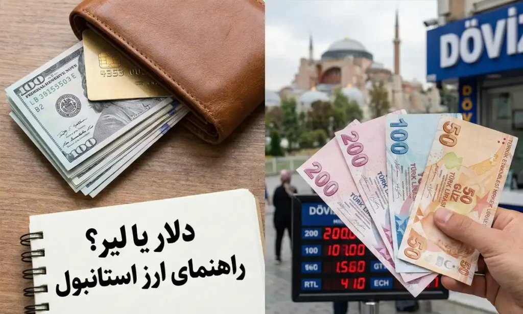 مقایسه تصویری دلار آمریکا و لیر ترکیه برای هزینه سفر به استانبول، همراه با نمایش صرافی و دفترچه راهنمای ارزی.