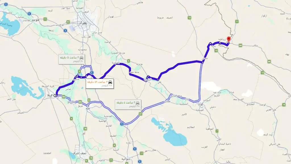 نقشه فاصله کربلا تا مهران