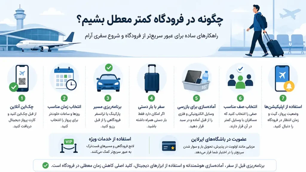 اینفوگرافی ترفندهایی که برای کمتر معطل شدن در فرودگاه می توان به کار برد