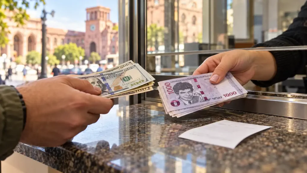 تبدیل دلار به درام ارمنستان در پیشخوان صرافی ایروان
