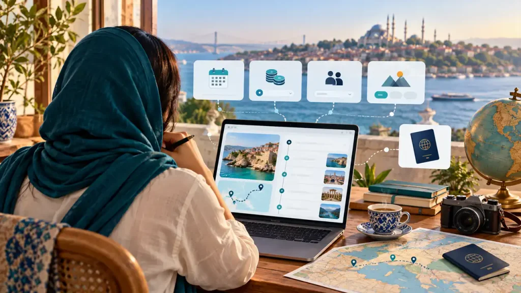 مسافر هنگام وارد کردن تاریخ، بودجه و علایق برای برنامهریزی سفر با هوش مصنوعی