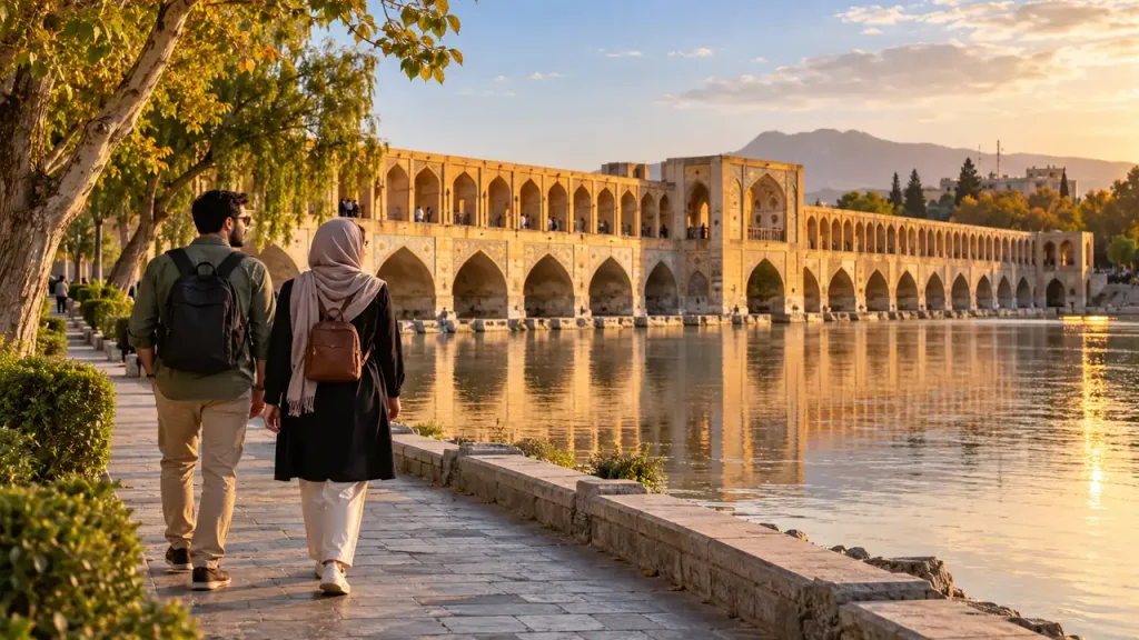 گردشگران در حال پیاده‌روی کنار پل تاریخی اصفهان