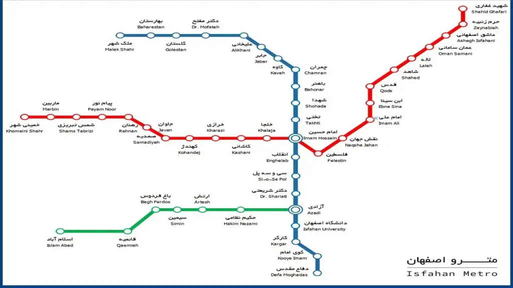نقشه خطوط ۱ و ۲ و ۳ مترو اصفهان