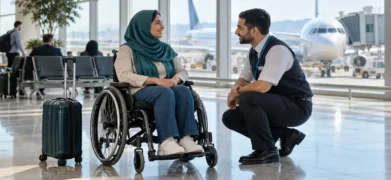 مسافر روی ویلچر در حال گفت‌وگو با کارمند فرودگاه، با هواپیما در پس‌زمینه