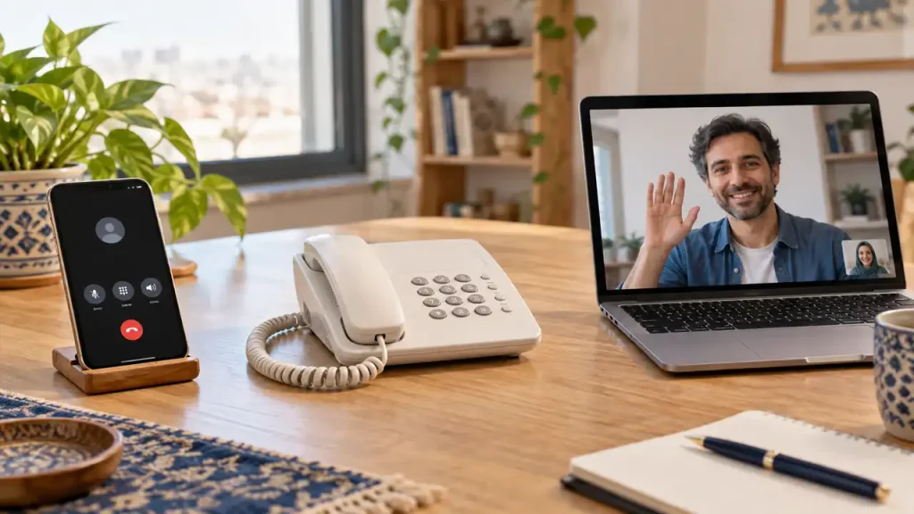 موبایل، تلفن ثابت و تماس تصویری روی لپ‌تاپ برای مقایسه روش‌های ارتباط