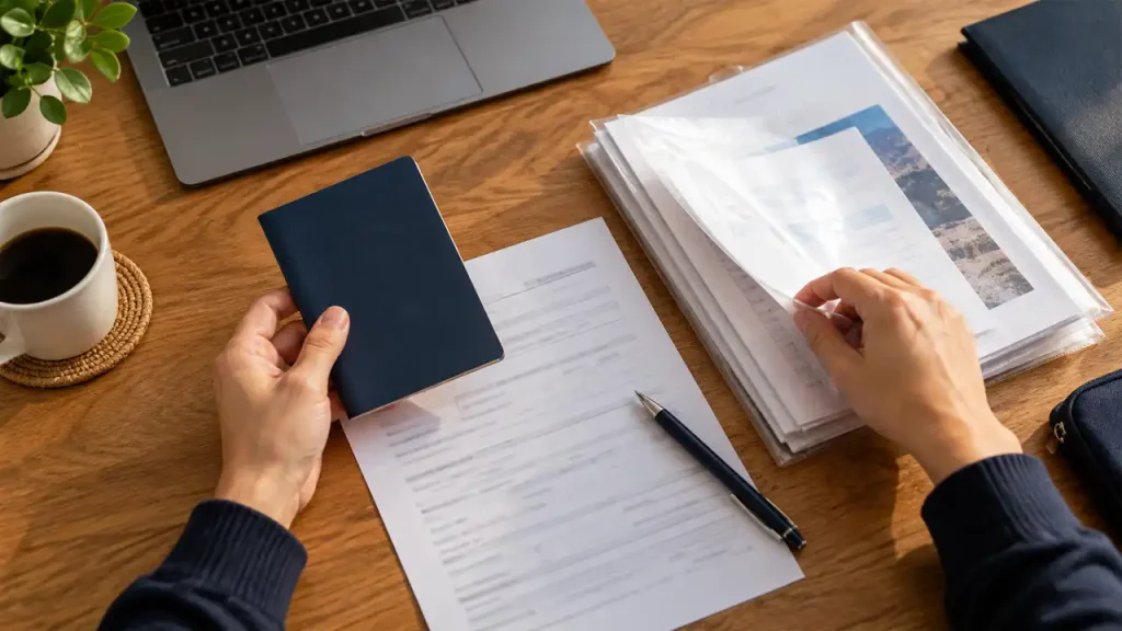 مرتبکردن مدارک درخواست ویزا و پاسپورت روی میز